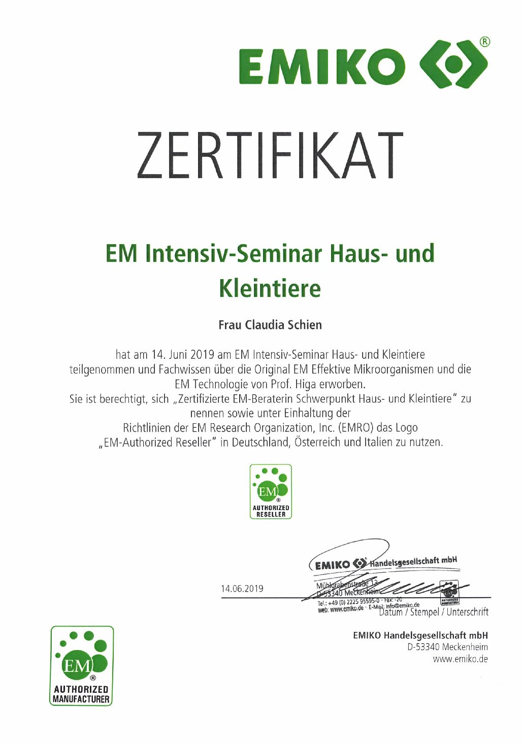 EM-Berater-Zertifizierung für Haus- und Kleintiere EM-Berater-Zertifizierung für Haus- und Kleintiere